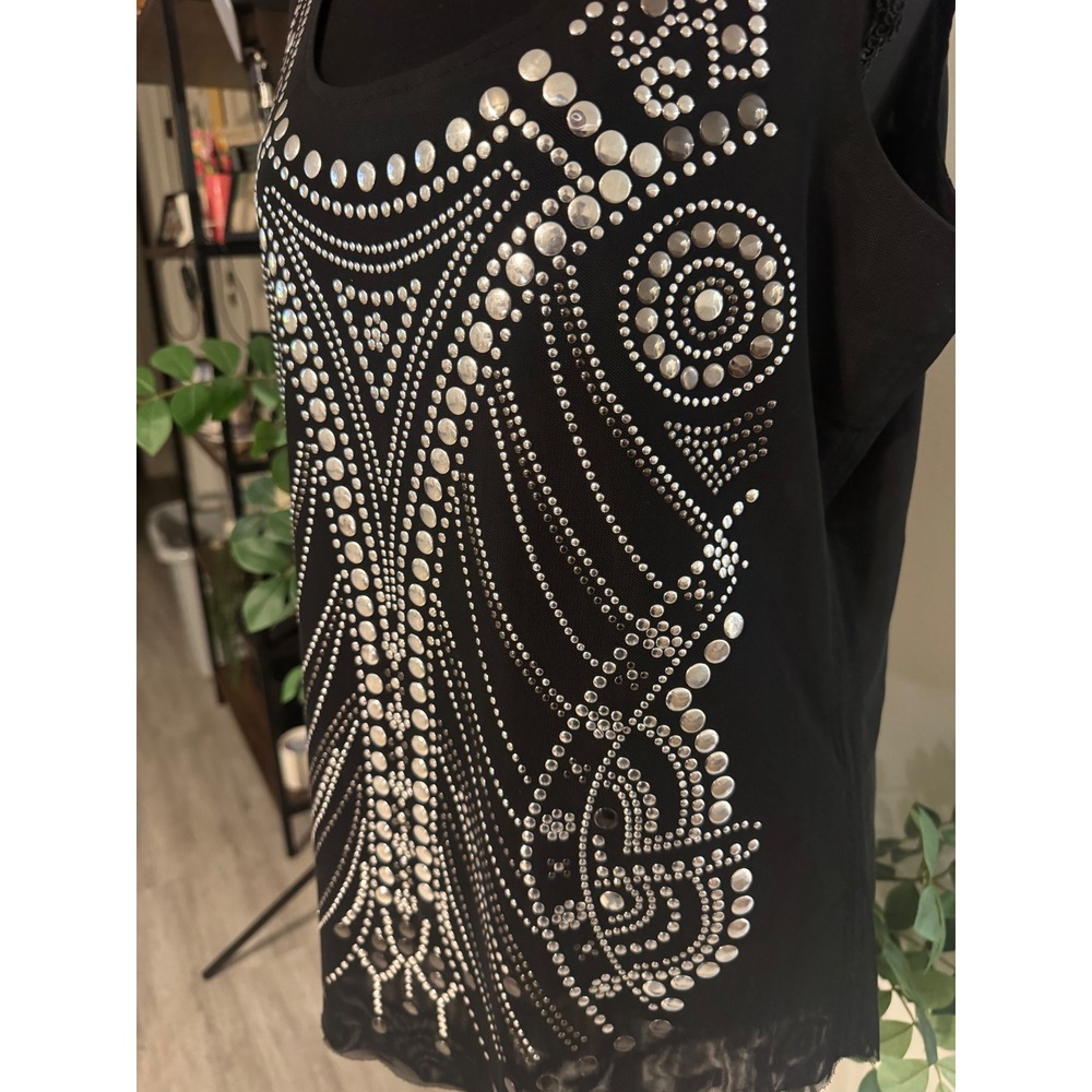 VTG Alberto Makali Black Studded double lined sheer Hem Tank Top Sleeveless L